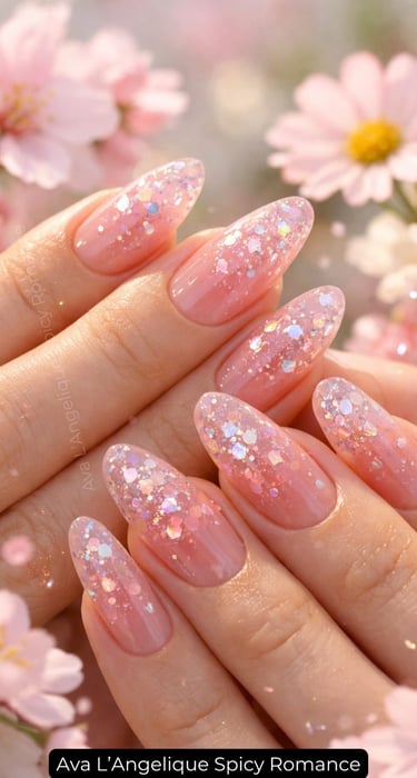 By Ava L’Angelique. pink glitter nails, Short Gel Nails, Chic Nail Art, cute pink nails
