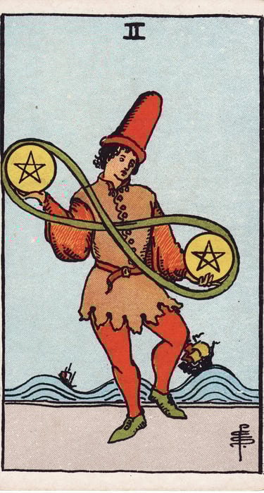 Two of Pentacles meaning upright and reversed tarot card reading