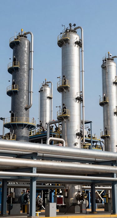 Crisp architectural view of a modern chemical processing facility, clean steel pipes, industrial slate gray structures under bright daylight.