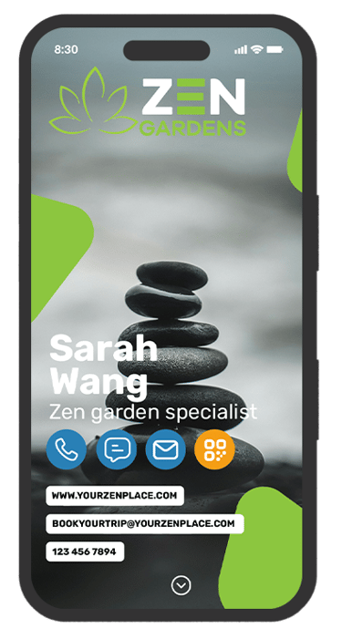 Tranquility and balance: a digital business card design for zen garden specialists and relaxation retreats.