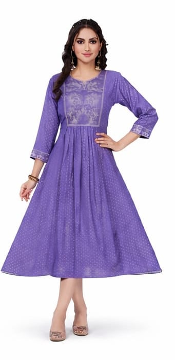 Woman wearing a purple Anarkali kurti with golden embroidery and ethnic print design.