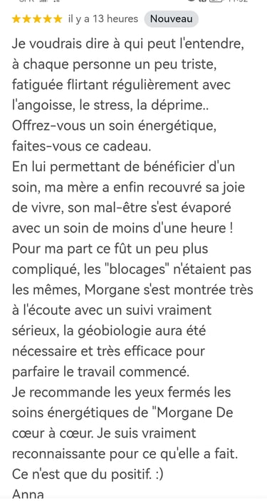Screenshot of a positive review for Morgane De coeur à coeur energy healing and geobiology services.