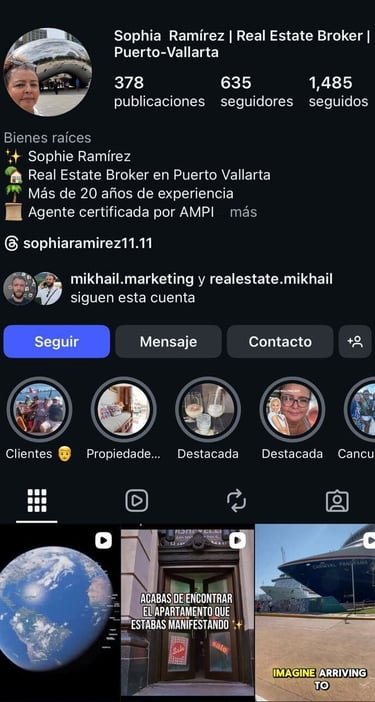 Perfil de Instagram de Sophia Ramírez, agente de bienes raíces en Puerto Vallarta con más de 20 años
