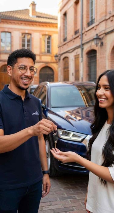 Remise clés d'une auto propre à une cliente satisfaite à Toulousese