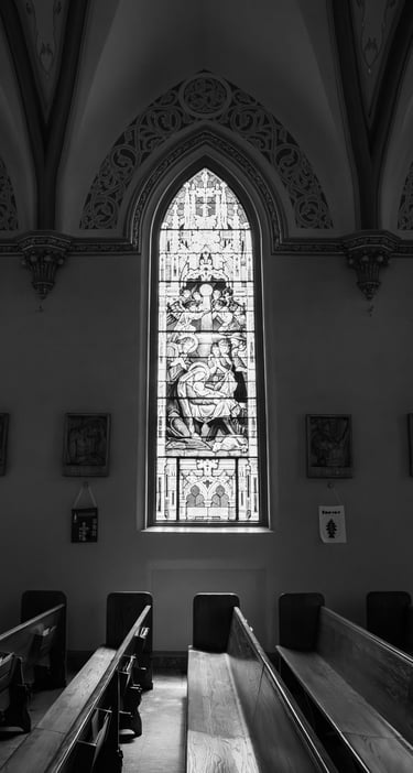 black and white shot of Catholic Church, stained glass, St. Patrick Co-Cathedral