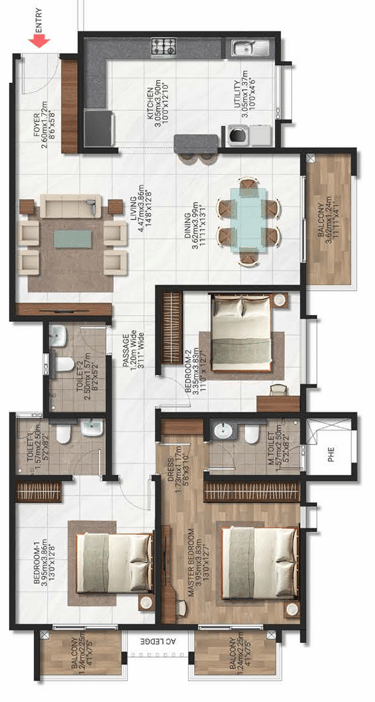 Brigade Lakecrest 3 BHK with Maid's Room and Office Floor Plan