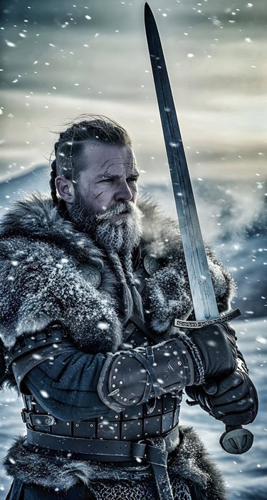 Viking warrior grips his sword with both hands