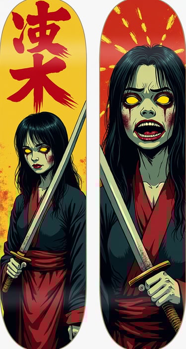 Two skateboard decks with an anime-style female samurai warrior, featuring a demonic transformation 