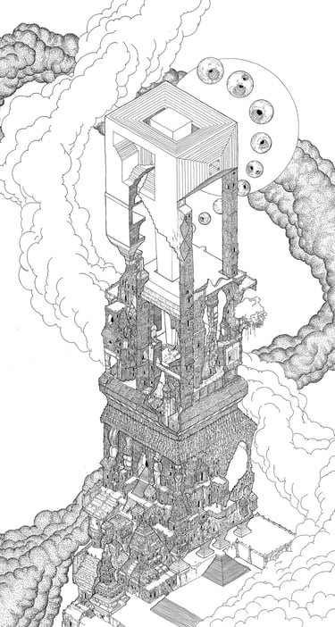 Monkey Temple I, 23 x 40 inches, Pen and Ink on Paper, 2017