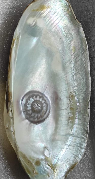 "Side view of 11mm white cultured pearl with radiant sun design–using nucleus technique-For global distribution"