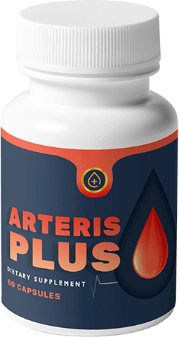 White bottle of Arteris Plus dietary supplement containing 60 capsules for heart health support.