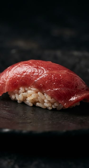 Macro shot of a single nigiri, perfect slice of deep red tuna, dark stone background, high contrast, studio light, rich texture, minimalist plating, vertical crop.