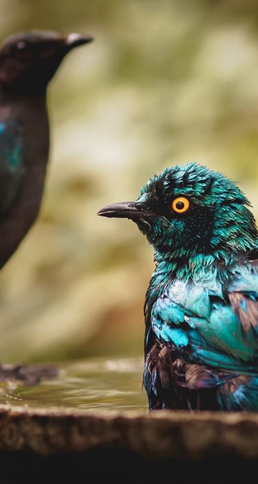 two male starlings at a birdbath