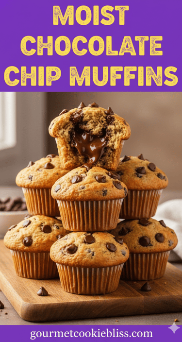 a towering pyramid of six perfectly baked chocolate chip muffins on a wooden board.