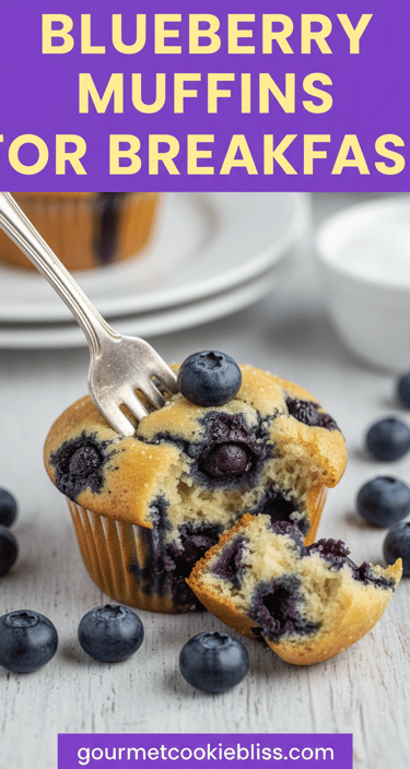 A single blueberry muffin being gently pulled apart with a fork, showing its tender crumb.