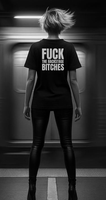 Back view of a model in an underground station wearing a bold NOVIP statement tee.