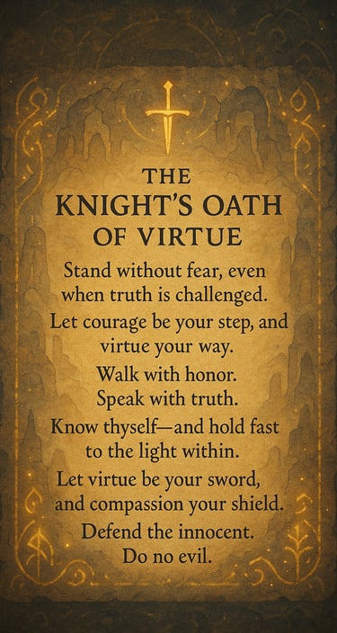 "The Knight’s Oath of Virtue scroll with golden sword and medieval design, expressing core values of courage and honor"