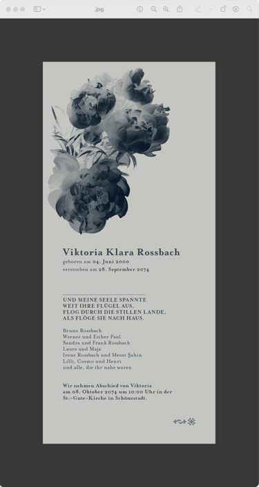 Digitale Trauerkarte mit Blütenmotiv in gedeckten Farben
