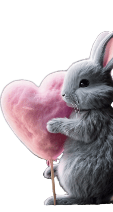 a rabbit with a heart shaped pink candy floss