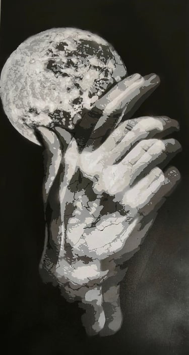 Black and white mural showing hands holding the moon, a symbolic artwork by Poliops.