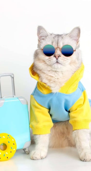 A fluffy cat wearing sunglasses and a hoodie next to a blue suitcase and donut toy.