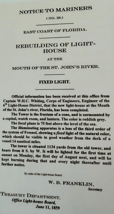 Scan of the Notice to Mariners indicating the date the St. Johns River Lighthouse was first lit. 