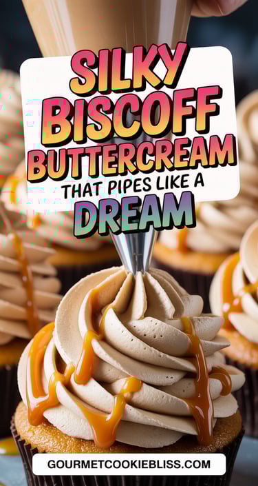 Piping bag swirling Biscoff buttercream onto cupcake with caramel drizzle.