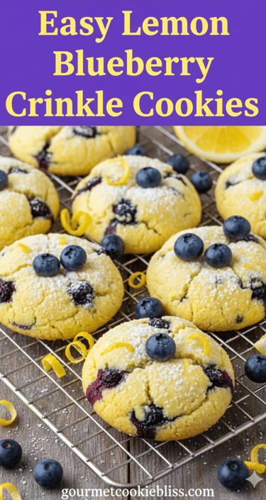 A vibrant display of easy lemon blueberry crinkle cookies on a cooling rack,.