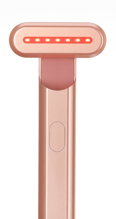 rose gold LED facial massage wand with red light therapy on a white background