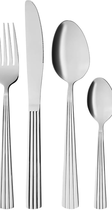 a set of four forks and spoons with a fork and knife