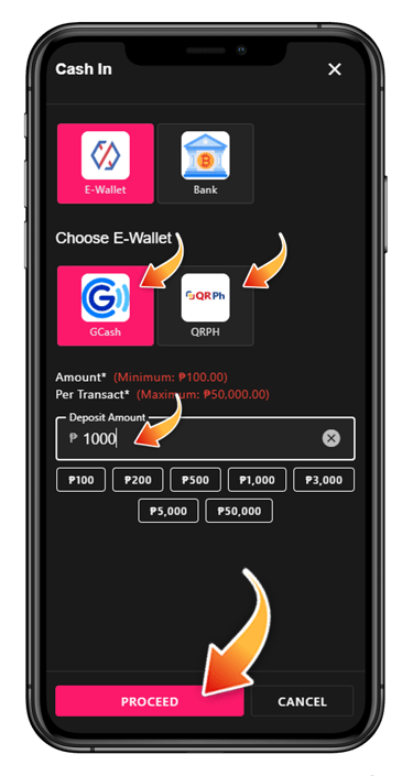 You may choose GCash or QRPH. Enter amount and press Proceed.
