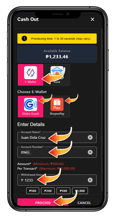 You can choose GCash or ShopeePay. Enter your Account Name, Account Number, and the Amount.