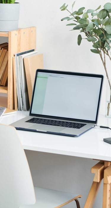 Laptop on a white desk, with houseplants and notebooks around