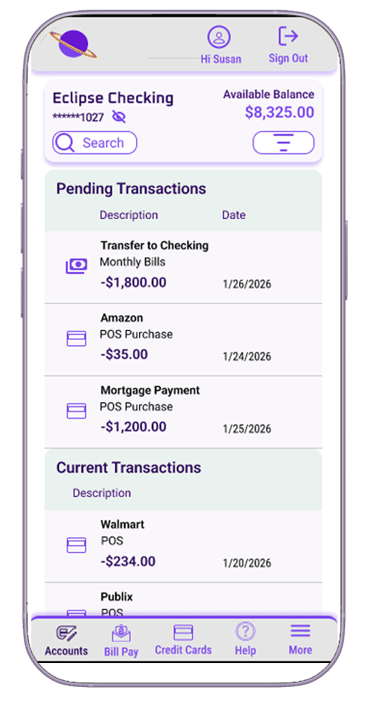 Orbit Financial Mobile App Transactions page