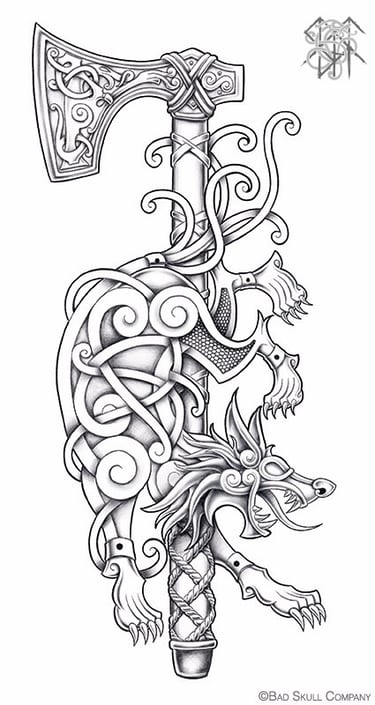 a tattoo design of a viking axehead with a wolf on it