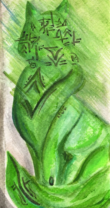 a drawing of a cat sitting , statue style watercolour painting 