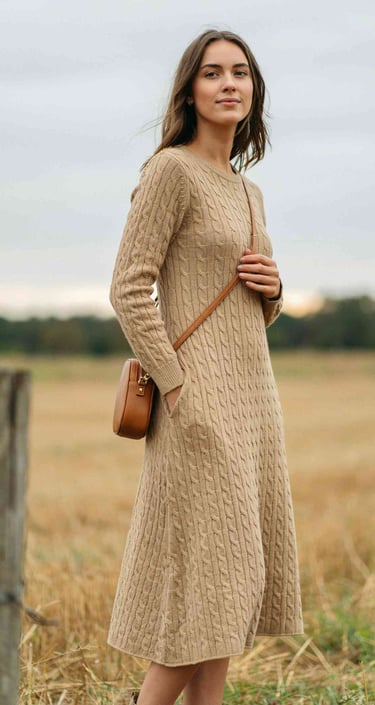 Woman wearing a tan cable knit sweater dress with a brown crossbody bag in a field.