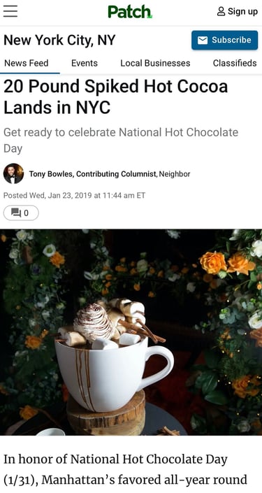 a boozy 2o lb hot chocolate that's unique and over the top served on a nyc rooftop
