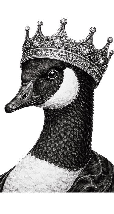 A black and white goose with a diamond crusted crown