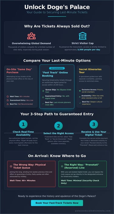 Infographic guide for Doge's Palace last-minute tickets, fast track booking, and physical ticket queue wait times.