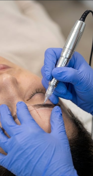 A technician performing a professional eyebrow microblading and permanent makeup procedure on a client.