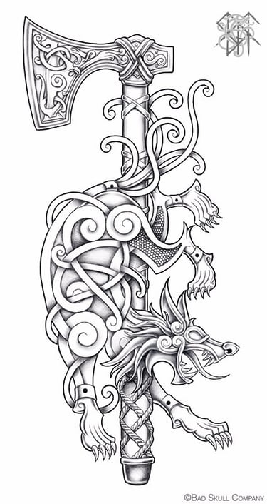 a tattoo design of a viking axehead with a wolf on it