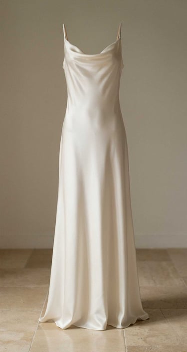 Elegant ivory silk slip wedding dress with a cowl neckline and floor-length satin skirt.