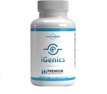 ScienceGenics iGenics eye health dietary supplement bottle with 60 capsules.