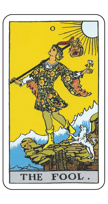 The Fool tarot card from the Rider-Waite deck featuring a traveler on a cliff with a white dog.