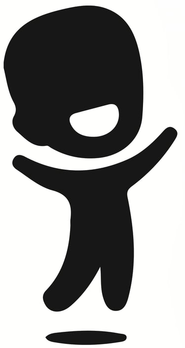 Black silhouette of a happy child jumping for joy with arms raised and a big smile.
