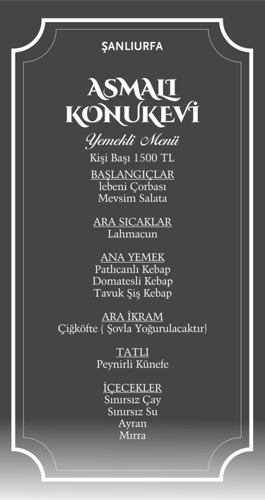 Asmalı Konukevi Sıra Gecesi | Yemekli Menü | Şanlıurfa Rezervasyon | 0537 036 20 63