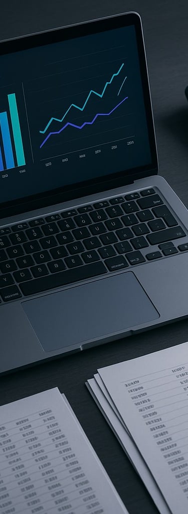 Laptop pricing and costing dashboard with charts reports beside a calculator.