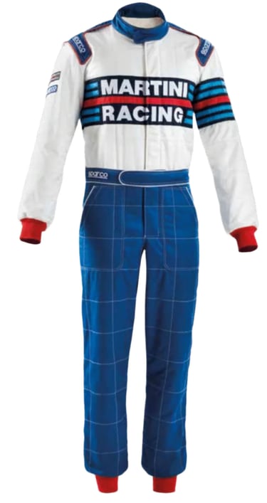 White and blue Sparco Martini Racing suit featuring iconic striped graphics for professional drivers.