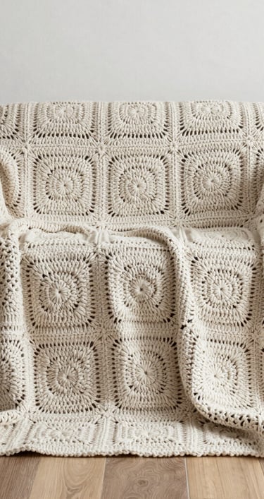 traditional crochet blanket in neutral colours
